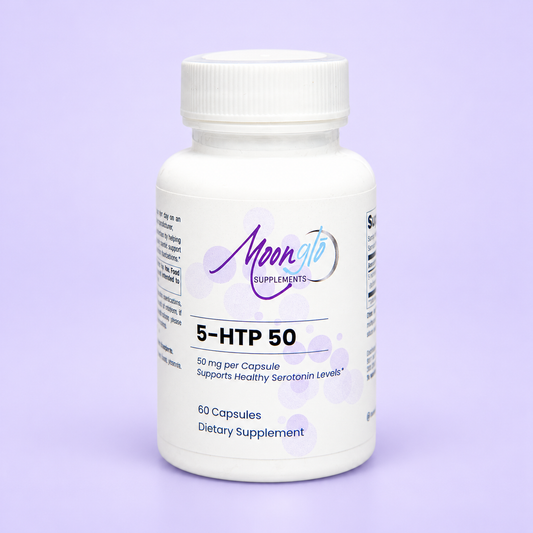 5 HTP 50 on a soft lavender background